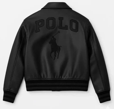 Polo Ralph Lauren 男式校服轰炸机夹克黑色牛皮外套 — 第 1/3 张图片