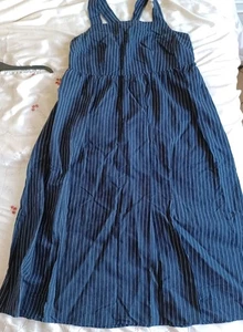 M&S Navy Blue/White Pinstripe Linen blend midi Pinafore/Sundress Size 16 New - Picture 1 of 11