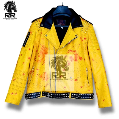 Men's Punk yellow  Leather Jacket - Studded Gothic Motorcycle Biker Coat - Image 1 of 4
