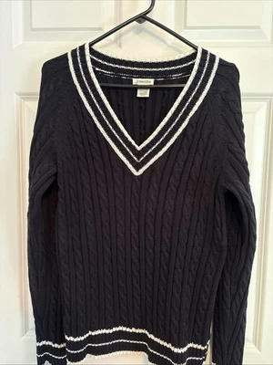 Suéter tejido con cable 100 % algodón cuello en V negro XL Foto 1 de 4