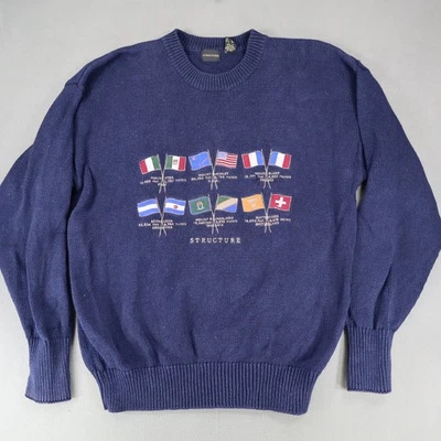 Vintage Structure Mountain Peaks Country Flags Sweater Sz L Navy Cotton Heavy - Image 1 of 4
