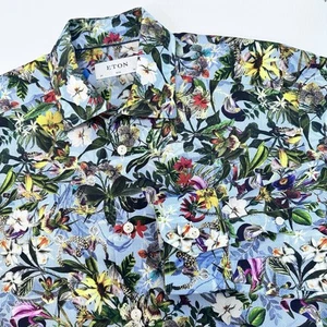 Eton Slim Fit Button Up Mens 15 1/2 Tropical Floral Print Cotton Signature Twill - Picture 1 of 9