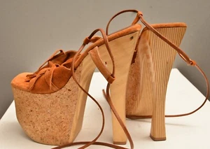 Vintage 90s Ultra High Wood Platforms by Luichiny Suede Cork Heel 9/10 - Picture 1 of 9
