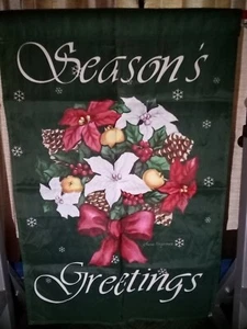 Seasons Greetings Green with Poisetta Flowers Laurie Korogaden 36 X 24 Flag - Picture 1 of 3