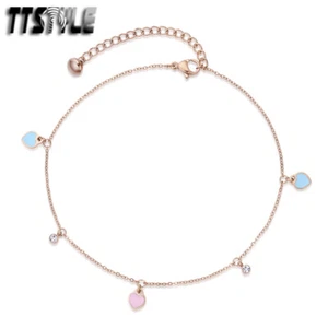 TTStyle 9K Rose Gold GP S.Steel Pink&Green Heart Anklet With Bling CZ NEW - Picture 1 of 1