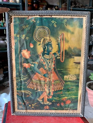 Litografía de colección del siglo XIX Señor Krishna Avatar Jamunaji impresión religiosa enmarcada Foto 1 de 4
