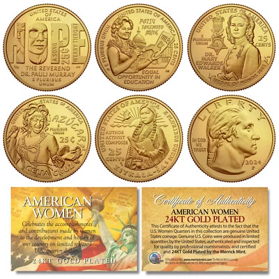 2024 24K GOLD Plated AMERICAN WOMEN Quarters US Mint 5-Coin Full Set in Capsules - Image 1 of 3