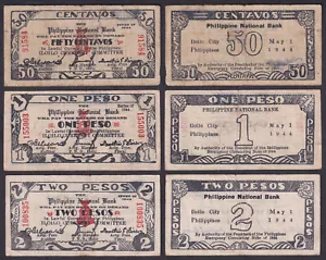 1943 US Philippines National Bank WW2 ILOILO Emergency Notes 50c, 1 & 2 Pesos - Picture 1 of 4