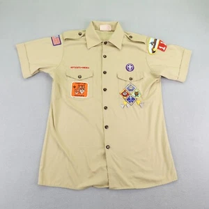 Vintage Boy Scouts Shirt Mens Medium Khaki Tan Button Up Patches BSA Uniform ^ - Picture 1 of 15