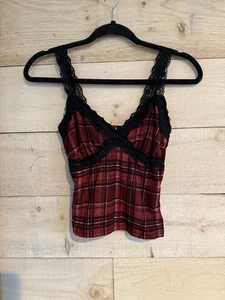 NWT Windsor Y2K  Red & Black Tartan Plaid Tank Black Lace Trim Size Medium - Picture 1 of 7