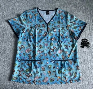 Koi Tokidoki Scrub Top Women’s Sz 2X Blue Aloha Eve Nursing Medical - Picture 1 of 11