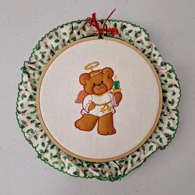 Vtg Handmade Embroidery Hoop Art Bear Angel Decor Wall Hanging Christmas  - Image 1 of 4