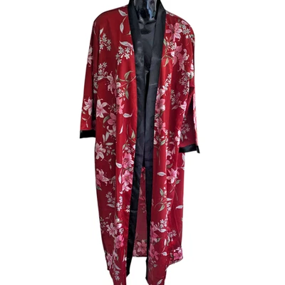 Red Floral Kimono Duster Satin Polyester Size 2XL Unbranded Open Jacket Boho — 第 1/4 张图片