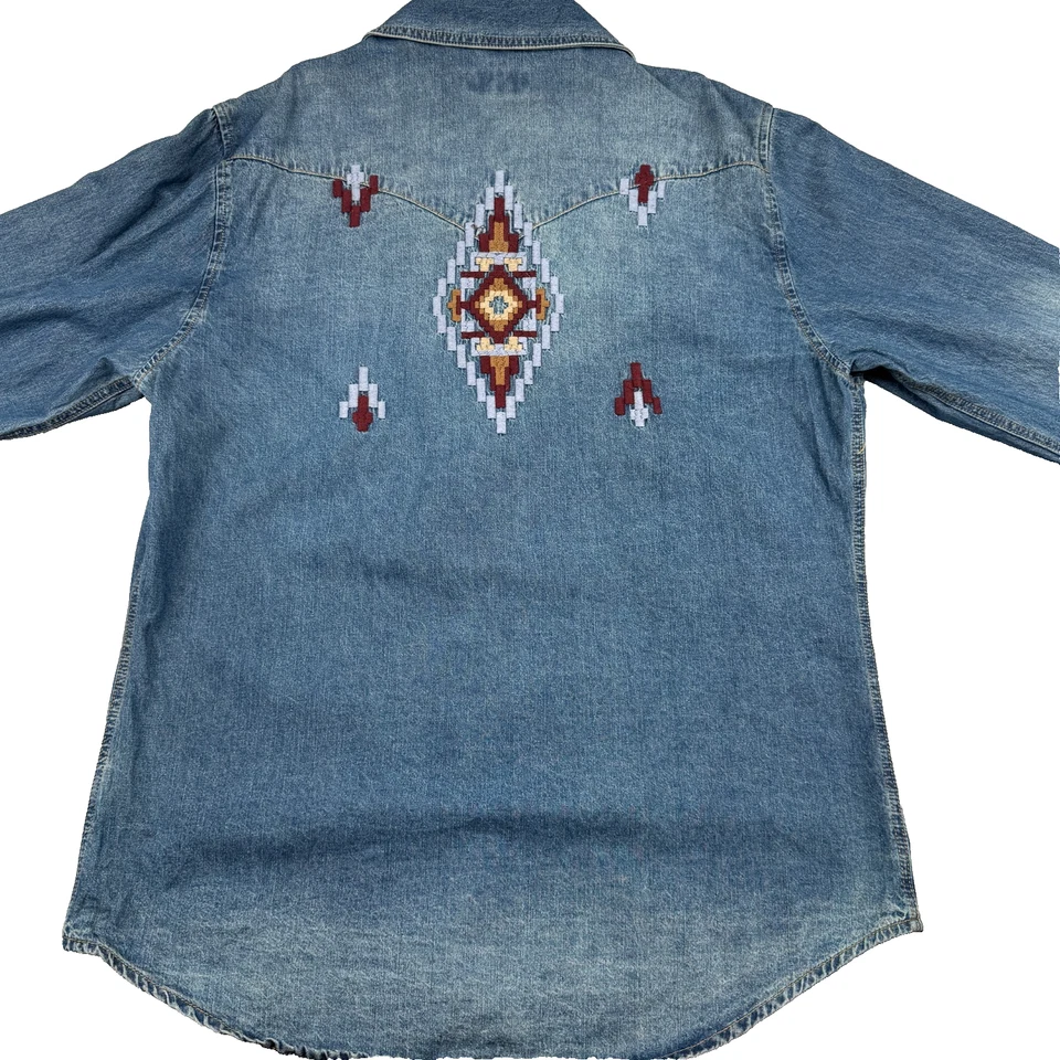 Camisa Stetson Western Nativa 2XL Denim Algodón Desvanecido Azteca Bordado Perla A Presión Foto 1 de 4
