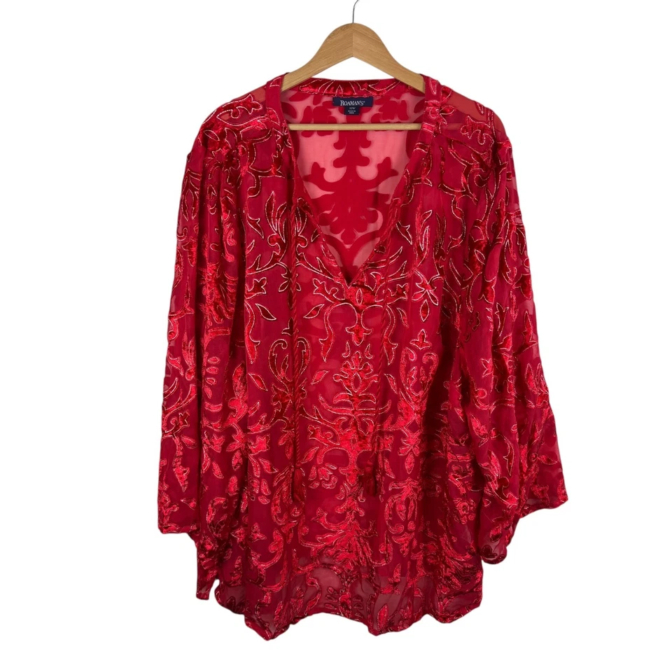 Top túnica Roamans adornada terciopelo Burnout talla 32W rojo puro festival campesino Foto 1 de 4