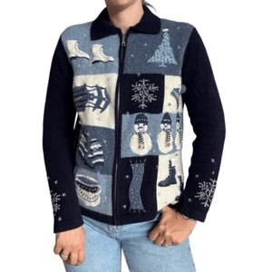 Vintage Jones New York Lambswool Christmas Ugly Sweater Cardigan Blue Medium - Picture 1 of 11
