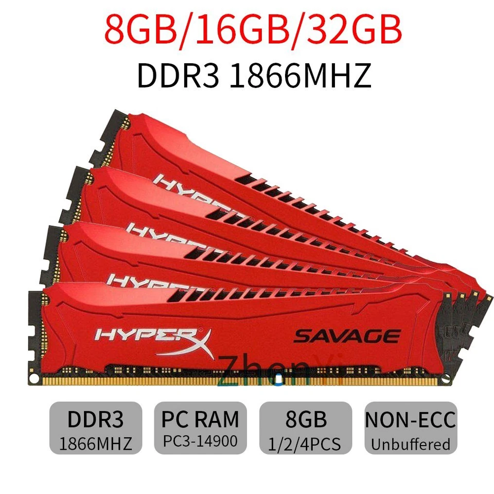 32GB 16GB 8GB DDR3 PC3-14900 1866 CL11 Red Desktop RAM For HyperX SAVAGE 01 Lot - Image 1 of 4