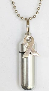Lovely Silver Cancer Awareness Cremation Urn Necklace w/Velvet Pouch, Fill Kit - Picture 1 of 4