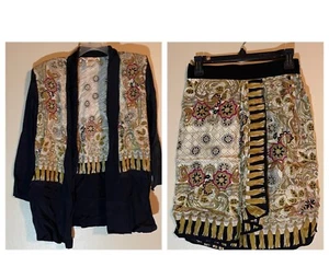 Vintage 2 Piece Mini skirt /jacket set Size 8 black, gold floral Melrose Brand - Picture 1 of 12