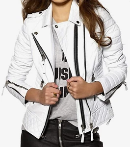 Aaron Craft - Women's WHITE LAMBSKIN LEATHER Bomber Biker Jacket - MEDIUM - Picture 1 of 7