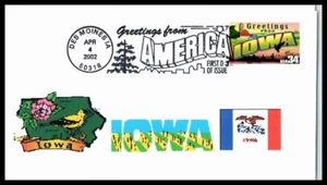 2002 IOWA Greetings Sc 3575 FDC with colorful John Byrnes cachet (QA - Picture 1 of 2