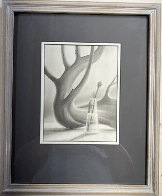 Bodegón dibujo a lápiz de madera a la deriva y rosas enmarcado firmado Robert Ficarra Foto 1 de 4