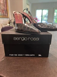 Vintage Sergio Rossi Leather Pumps EU 38.5 Sling Back Straps Buckle Brown W/box! - Picture 1 of 12