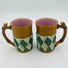 Vintage Handcrafted Bamboo Handle Mugs Made in Italy, Pink Interior, Set of 2