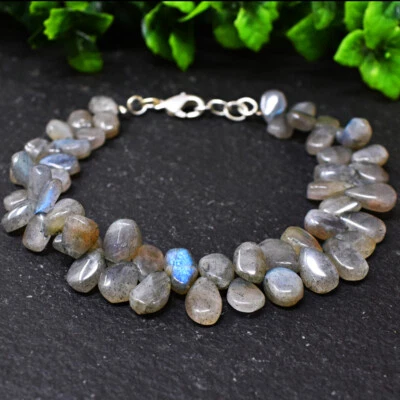 130.00 Cts Natural 8 Inches Long Labradorite Tear Drop Beads Bracelet NK 27E178 - Image 1 of 2