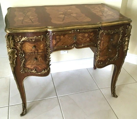 Antique Louis XVI Style Inlaid Marquetry Wood, Bronze Ormolu Ladies French Desk Cover
