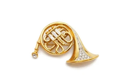 Broche de cristal Swarovski prendedor tono dorado cuerno francés instrumento musical Foto 1 de 4