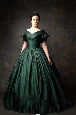 Vestidos de novia victorianos verdes sureños de la Guerra Civil del siglo XVIII con hombros descubiertos Foto 1 de 4