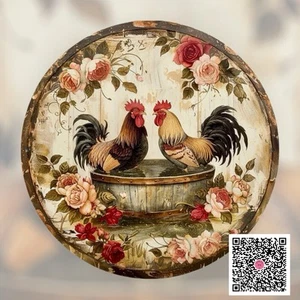 Sign Vintage-Style 2 Roos Chickens Aluminum Outdoor Wall-Art FLAT Cottage 8-inch - Picture 1 of 6