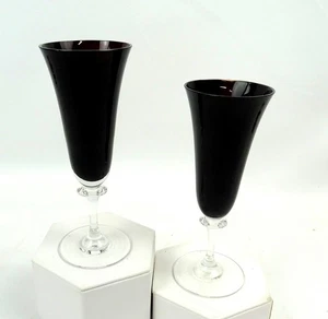 Elegant Glass Black Amethyst Clear Wafer Stem 2 Pc 5 7/8" Fluted Wine Glasses - Picture 1 of 9
