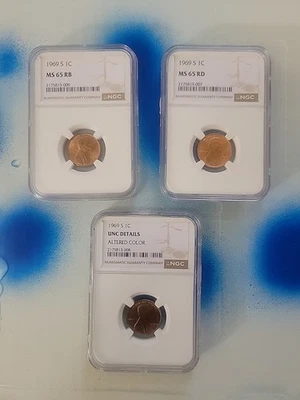 🔎  Key Date - 2 x 1969 S 1C NGC 65 RD - 1969 S 1C UNC Details Altered Color - Image 1 of 4
