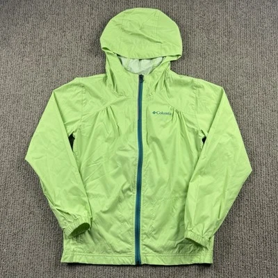 Columbia Girls M Full Zip Rain Jacket Hood Nylon Pockets Bright Neon Green - Image 1 of 4