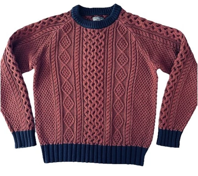 LL Bean Men's M Signature Cotton Fisherman Crew Sweater Cable-Knit Bulky Brown - Image 1 of 4