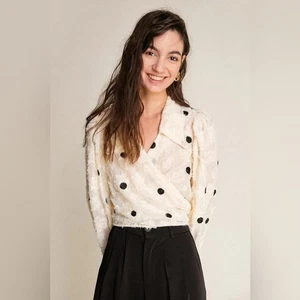 J.ING Jing Cream with Dots Sheer Wrap Shirt Blouse Top Size M NWT - Picture 1 of 5
