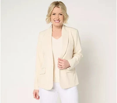 Dennis Basso Super Stretch Woven Blazer with Print Lining-Papyrus-XL-NEW-A681198 - Image 1 of 2