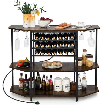 Wine Bar Cabinet 3 Tier kitchen Industrial Wine Rack Table w/Shelves-Coffee - Image 1 of 4