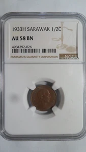 Sarawak Malaysia 1/2 Cent, 1933 H, NGC AU 58 BN - Picture 1 of 4
