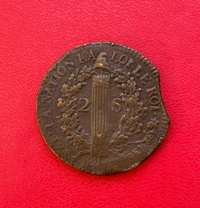 Belle monnaie de 2 Sols 1792 BB, "Louis XVI Roi des Français". B+/TB - Imagen 1 de 2