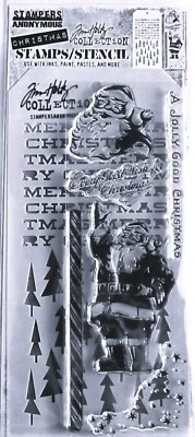 Conjunto de estêncil Jolly Holiday Christmas Santa Tim Holtz selo transparente e árvore palavra NOVO - Imagem 1 de 2