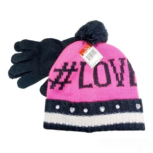 Girls Pink/Black Beanie Hat w/Gloves-Ages 4-8-#LOVE-Beading-Pom Pom - Picture 1 of 3
