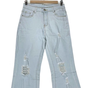 Women Blue Jeans Medium High Waist Distressed Stretch - Picture 1 of 14