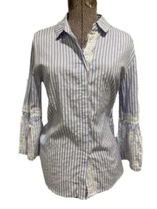 Womens Button Down Shirt NEW Blue Striped Lace Bell Sleeve Blouse Collared Small - Picture 1 of 5
