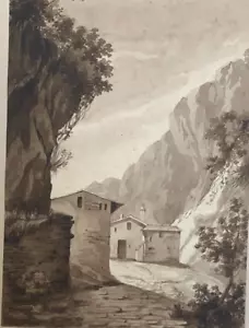 Antique Original Drawing 19th century Mountain Village Landscape - Picture 1 of 8