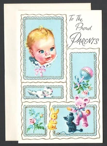 Tarjeta de felicitación bebé vintage sin usar y Env gatito oso de peluche caniche conejo - Imagen 1 de 5