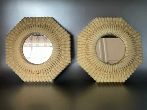 Vintage Octagonal Mirror Pair Pale Straw Molded Plastic Design Retro Boho Cover