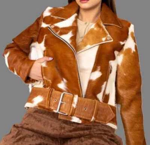 Genuine Cowhide Leather Jacket for Women | Natural Hair-On Cow Skin Fashion Coat - Picture 1 of 4